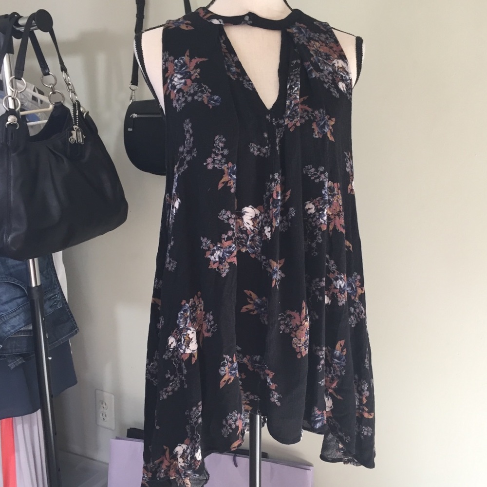 Free People Black Floral High-Low Tunic Dress, SP
